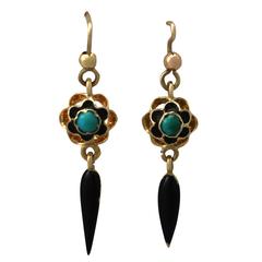 Turquoise and Enamel. 18k Yellow Gold Earrings - Antique Circa 1890 8
