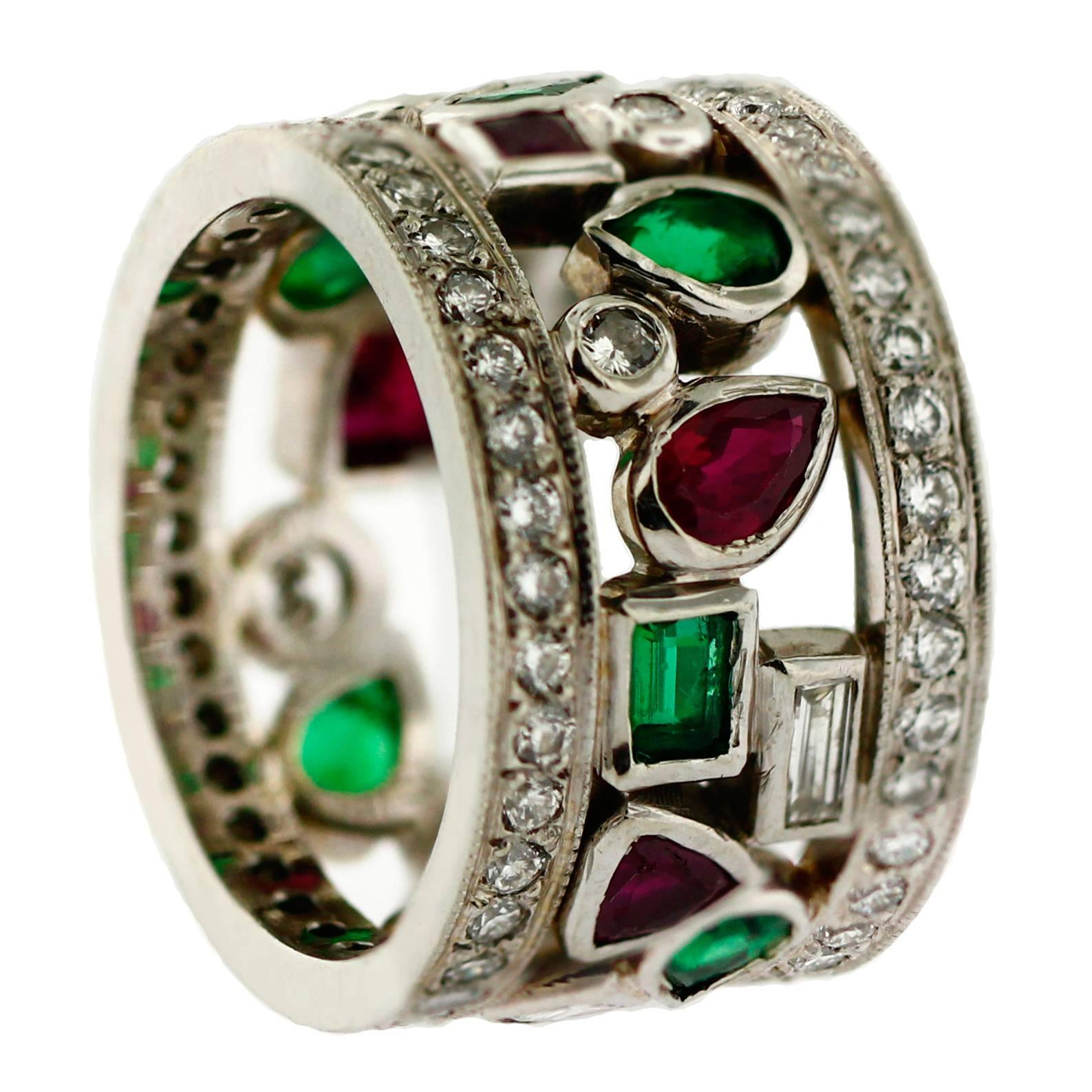 Emerald Ruby Diamond Gold Custom Made Band Ring For Sale