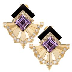 Gold earrings set with Diamonds , Amethyst and onyx