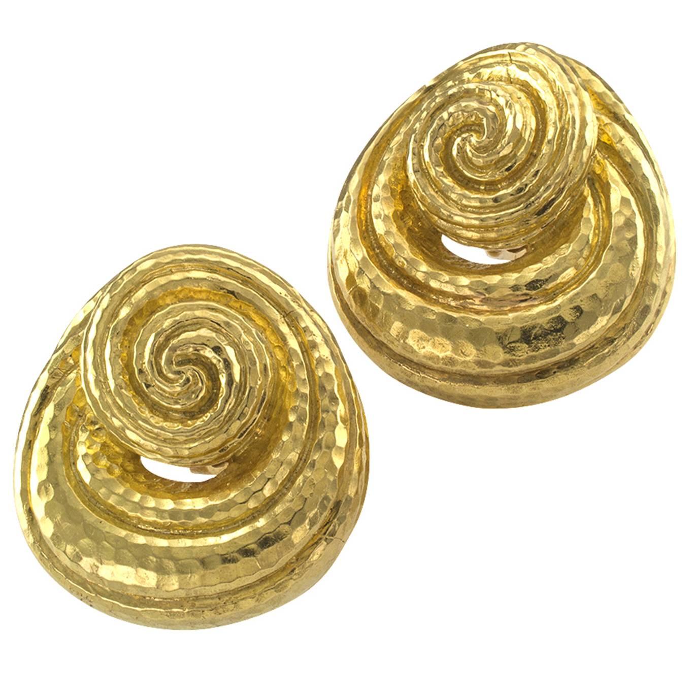 David Webb Very Large Hammered Gold Earrings