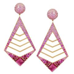Graduate color drop earrings in gold , Ruby, Pink Sapphire and sugarloaf Rubelite 