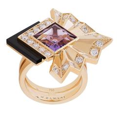 Cocktail ring in gold sets with Diamonds, Amethyst and onyx