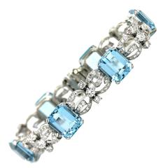 Vintage Aquamarine Diamond Platinum Link Bracelet