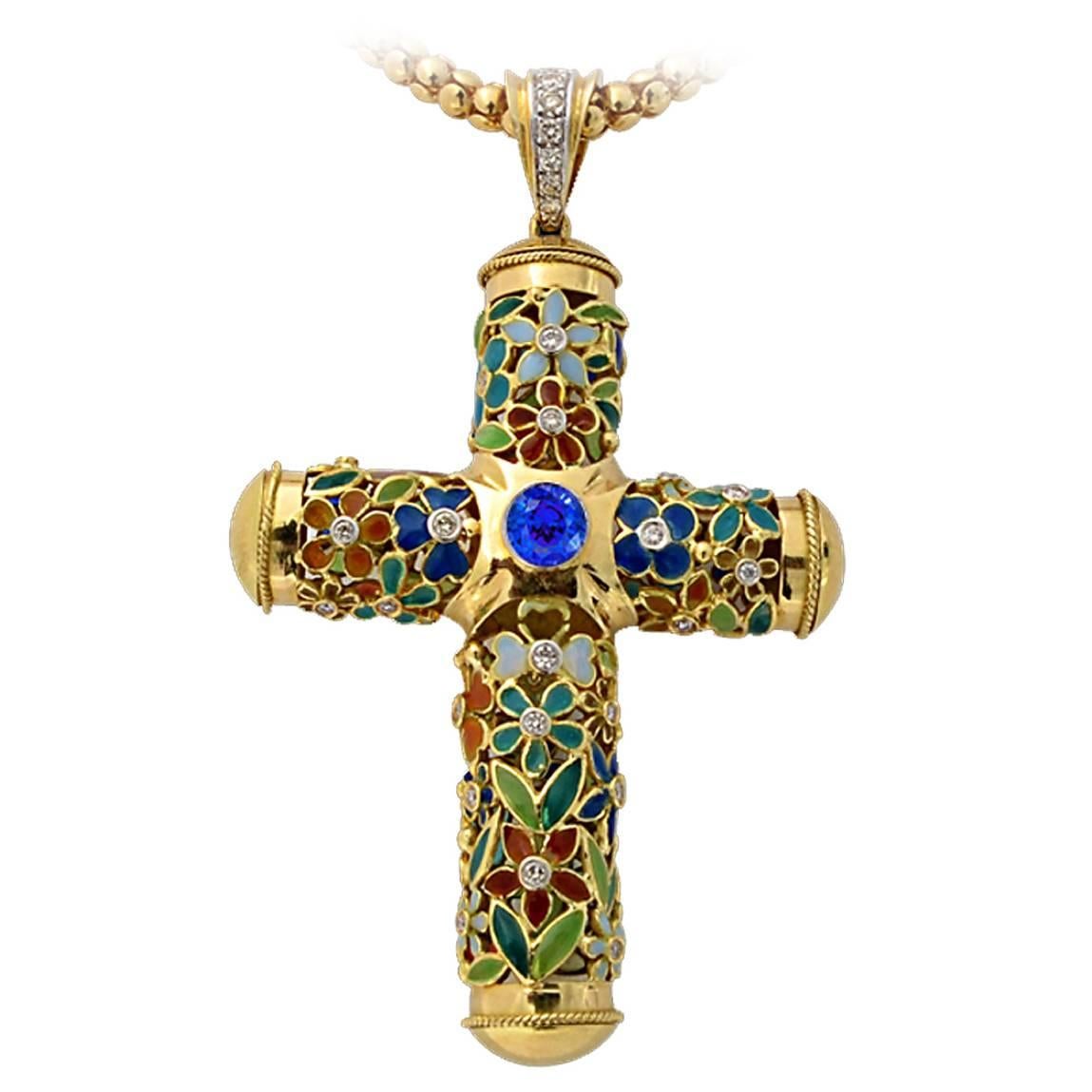 Enamel Sapphire Diamond Gold Cross Necklace