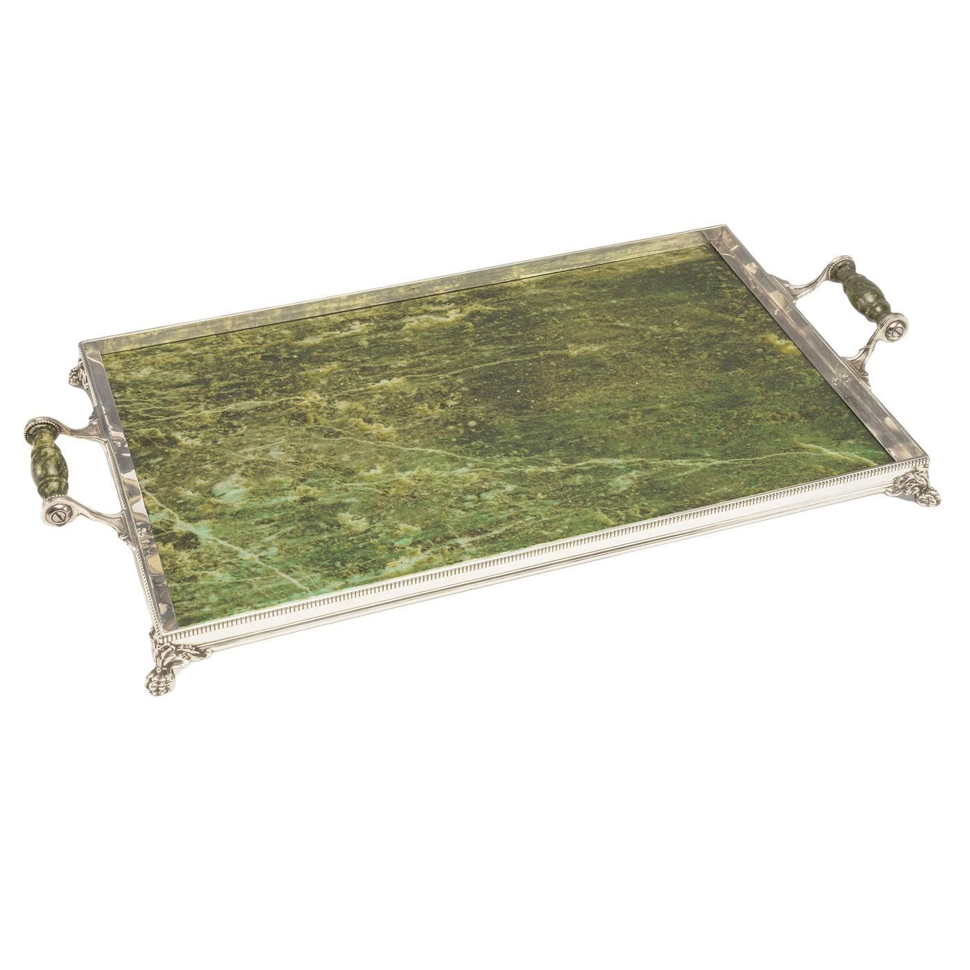 Antique Sterling Silver Nephrite Tray
