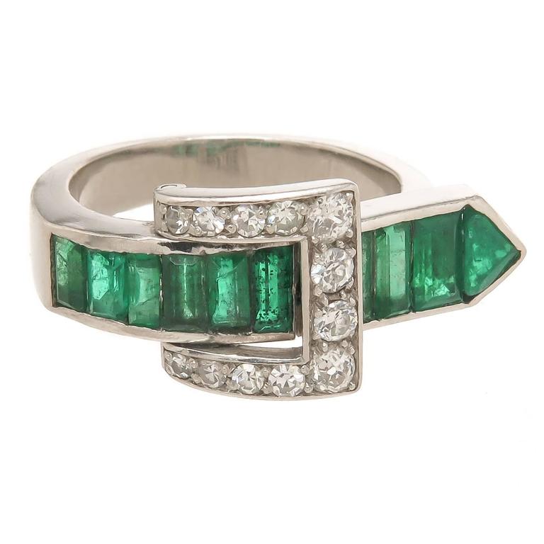 Emerald Diamond Platinum Buckle Ring For Sale at 1stDibs