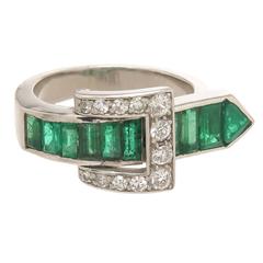 Emerald Diamond Platinum Buckle Ring 10