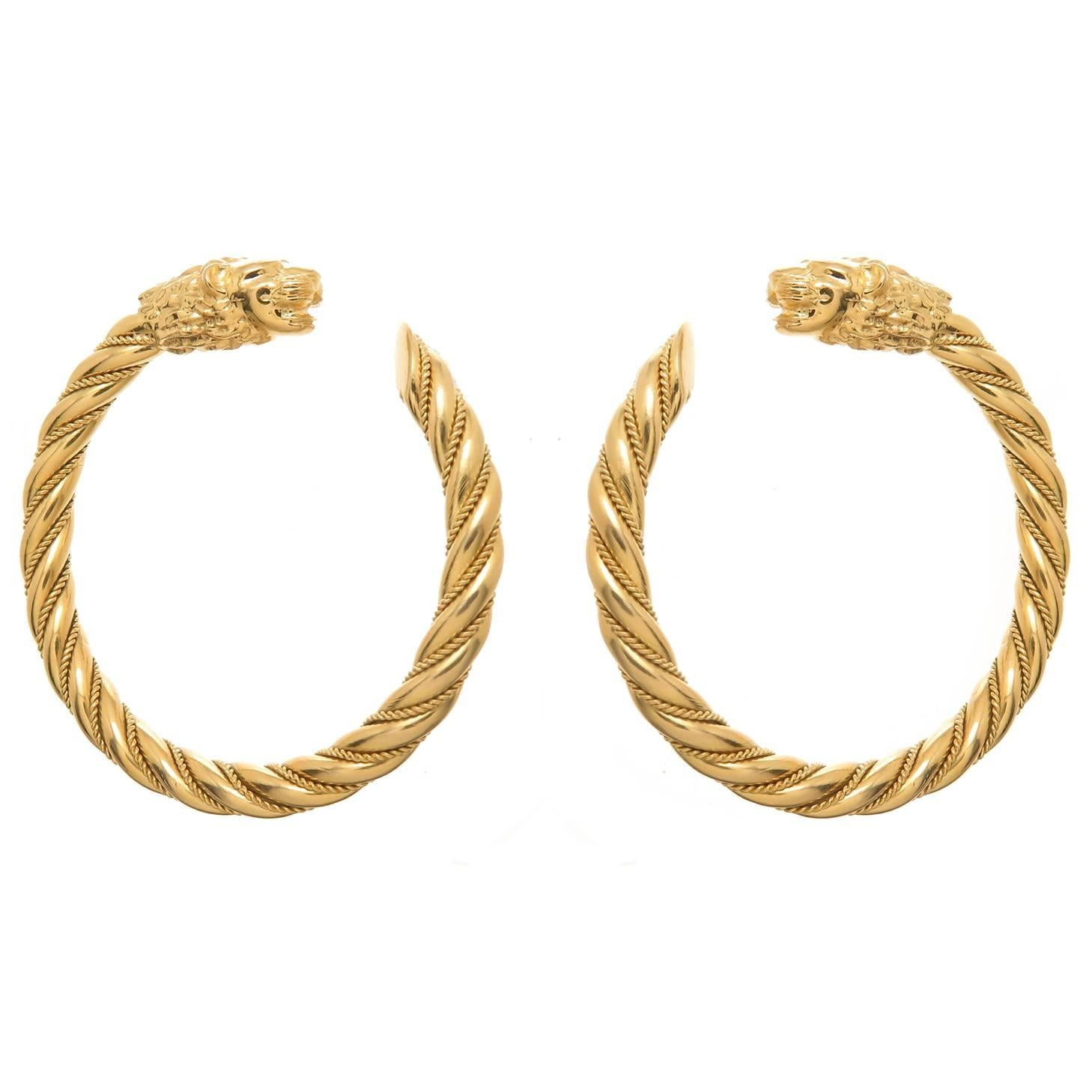 Large yellow Gold Greek Lion head Hoop earrings