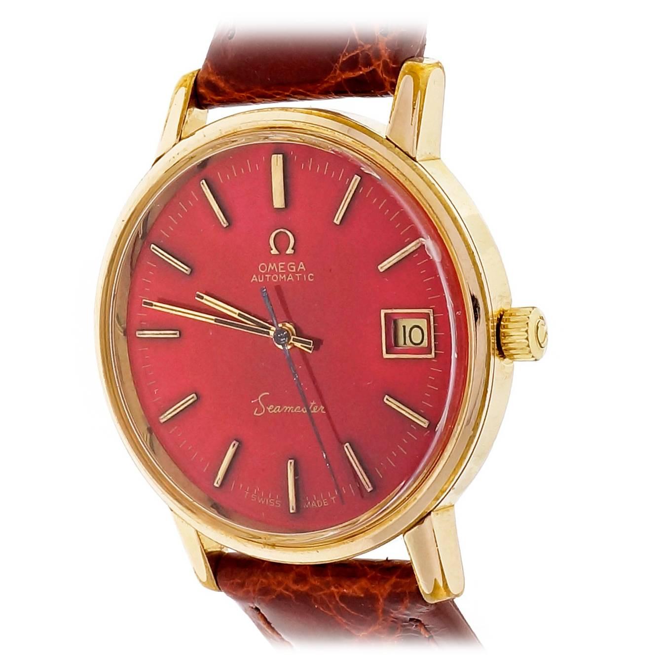 Omega Edelstahl Gelbgold gefüllte Automatik Datum rotes Zifferblatt Armbanduhr