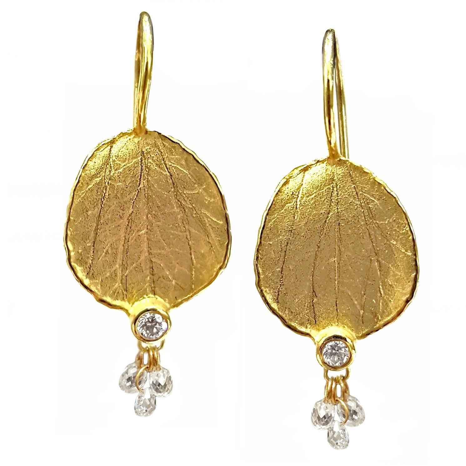Barbara Heinrich Round Diamond Gold Diamond Briolette Petal Earrings