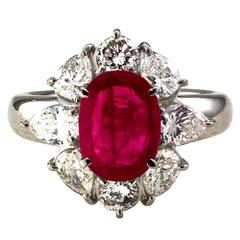 2.23 Carat Burma Ruby Diamond Platinum Cluster Ring