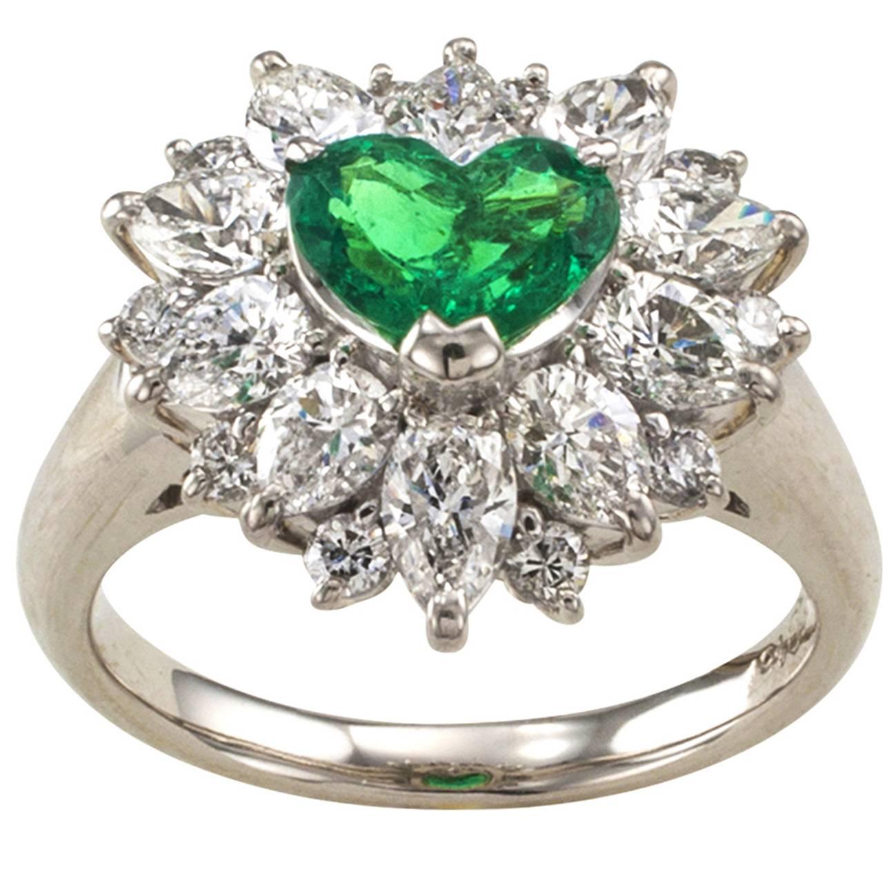 Heart-Shaped Emerald Diamond Platinum Cluster Ring
