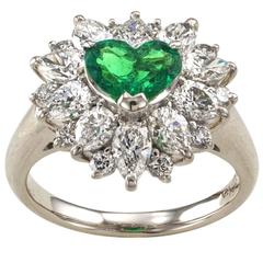 Heart-Shaped Emerald Diamond Platinum Cluster Ring 7