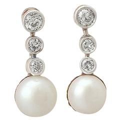Pearl & 0.28Ct Diamond. 14k Yellow Gold, Platinum Set Drop Earrings - Antique 10