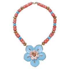 Statement Turquoise Coral Diamond Gold Flower Necklace