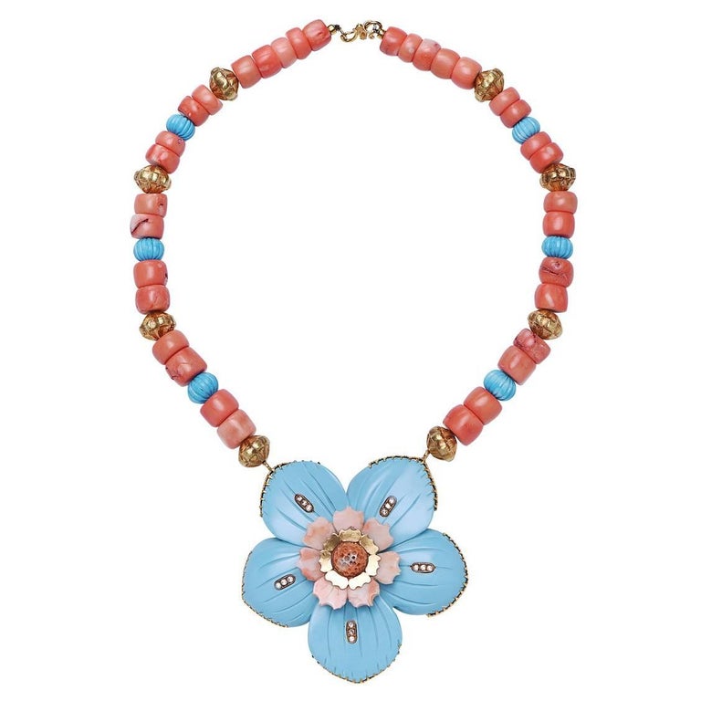 Statement Turquoise Coral Diamond Gold Flower Necklace at 1stDibs