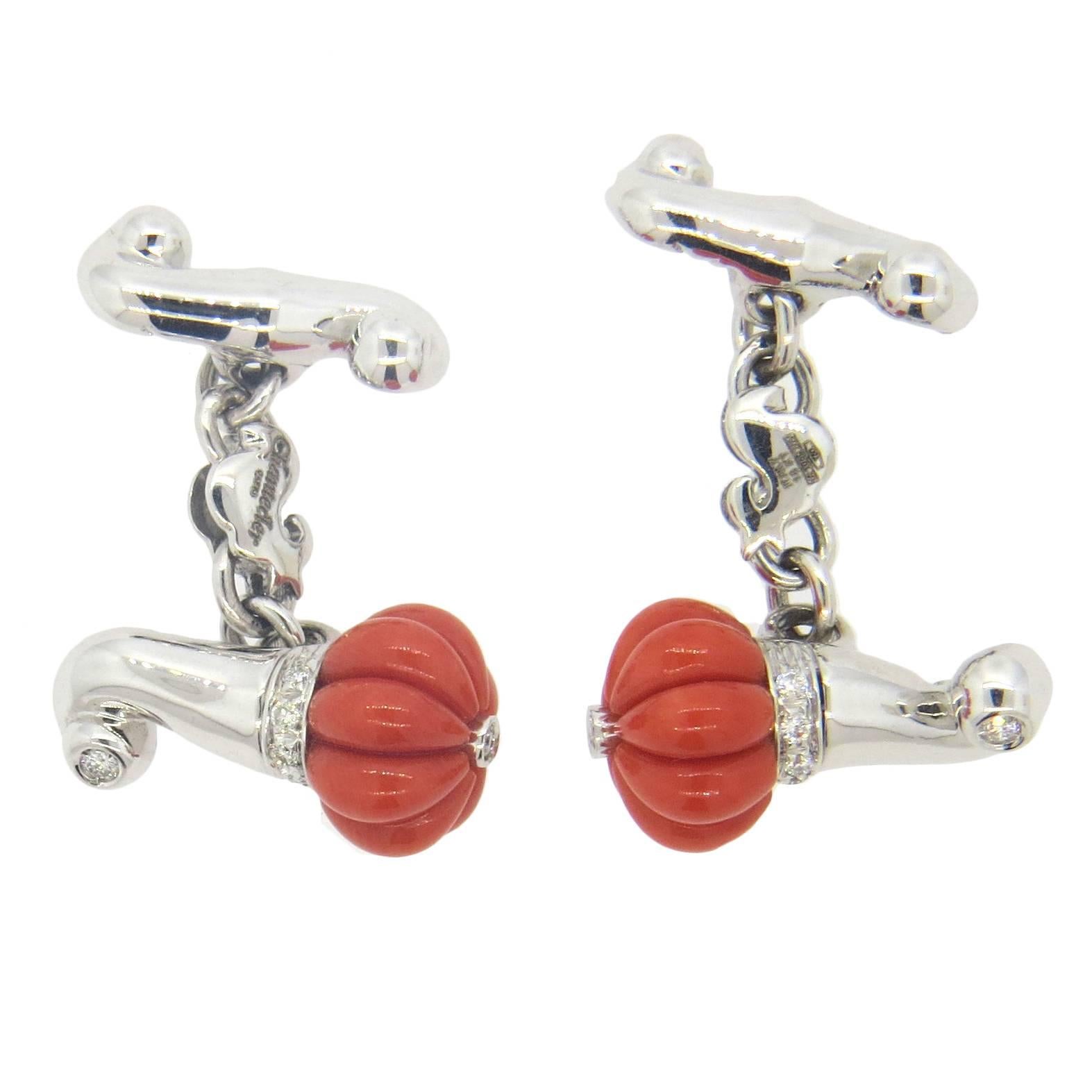 Chantecler Carved Coral Diamond Gold Cufflinks  For Sale