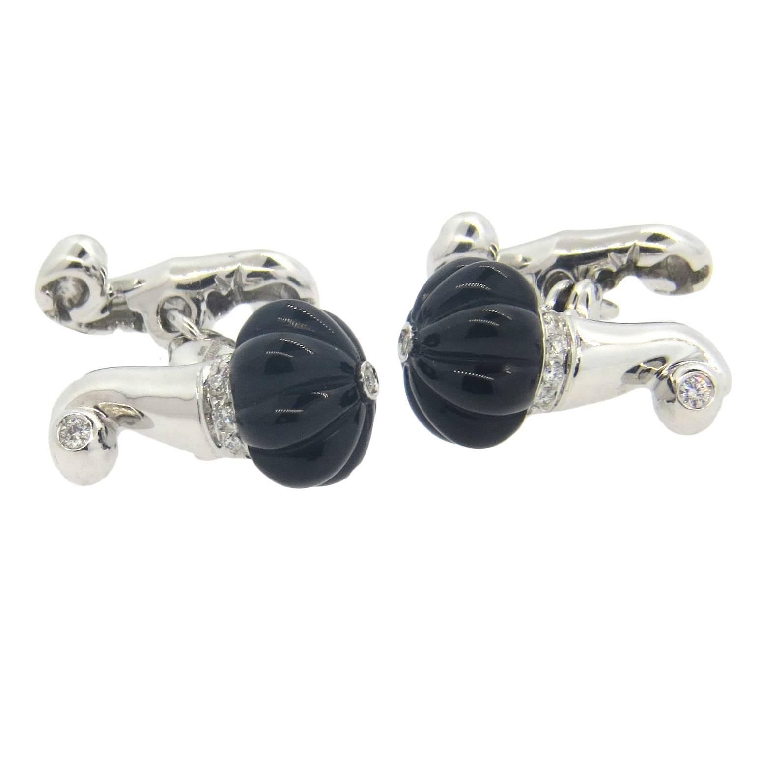 Chantecler Carved Onyx Diamond Gold Cufflinks  For Sale