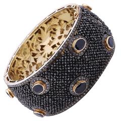 Magnificent Blue Sapphire Black Diamond Beaded Hand Sewn Bangle Bracelet