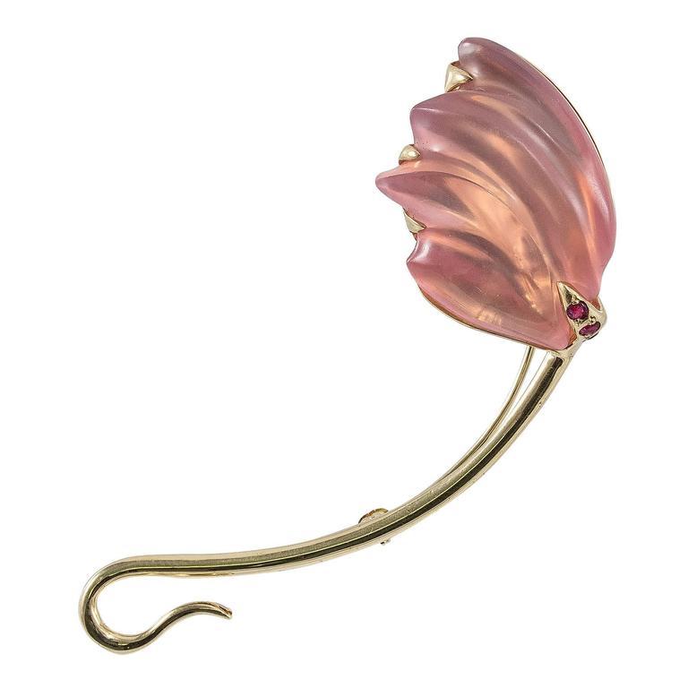 Naomi Sarna Rose Quartz Ruby Gold Brooch For Sale