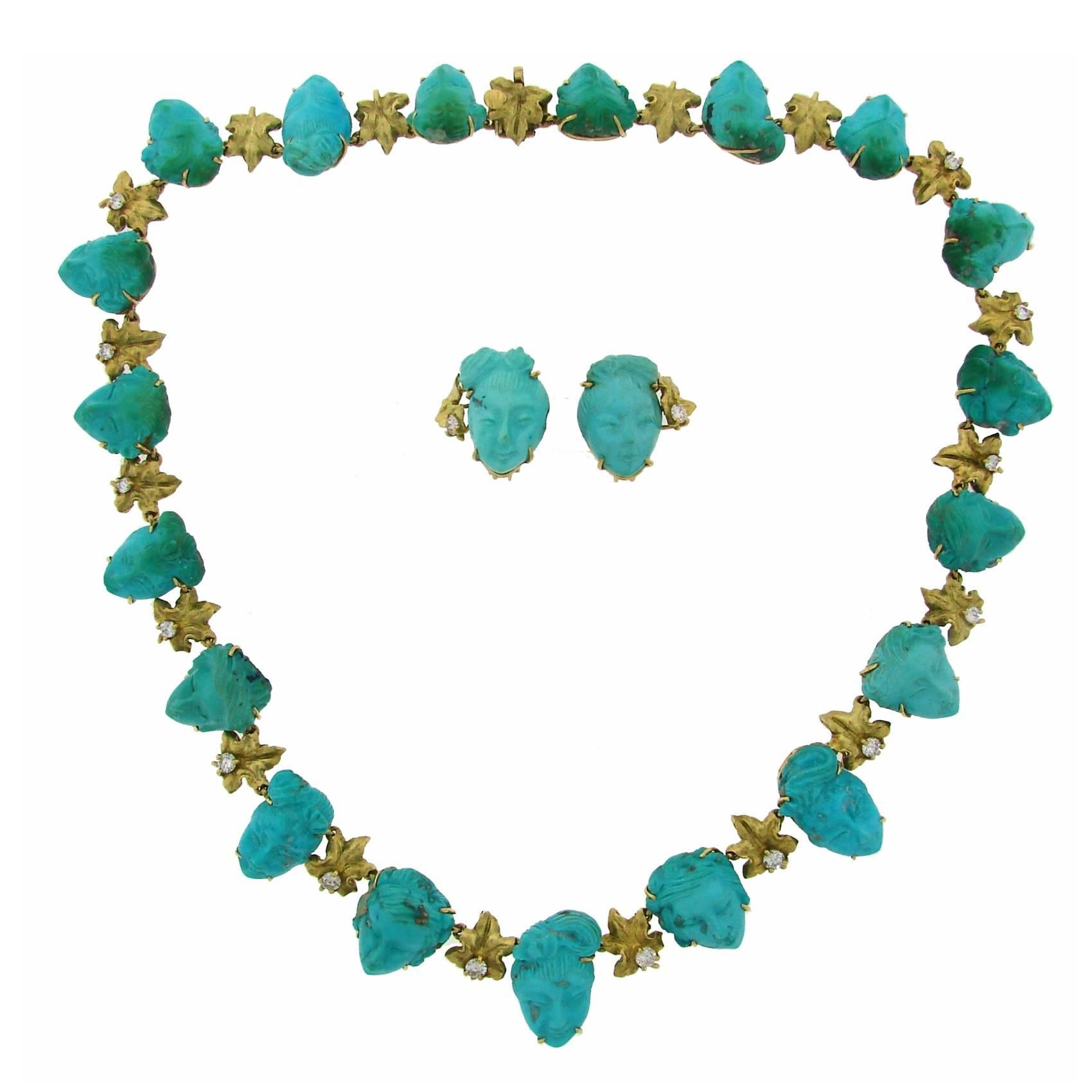 Very unusual artsy necklace created in the 1940's. Features nineteen women's profile carved of turquoise set in 18k (stamped) yellow gold and accented with round full cut diamonds (total weight approximately 1.40 carats). 
Definitely a