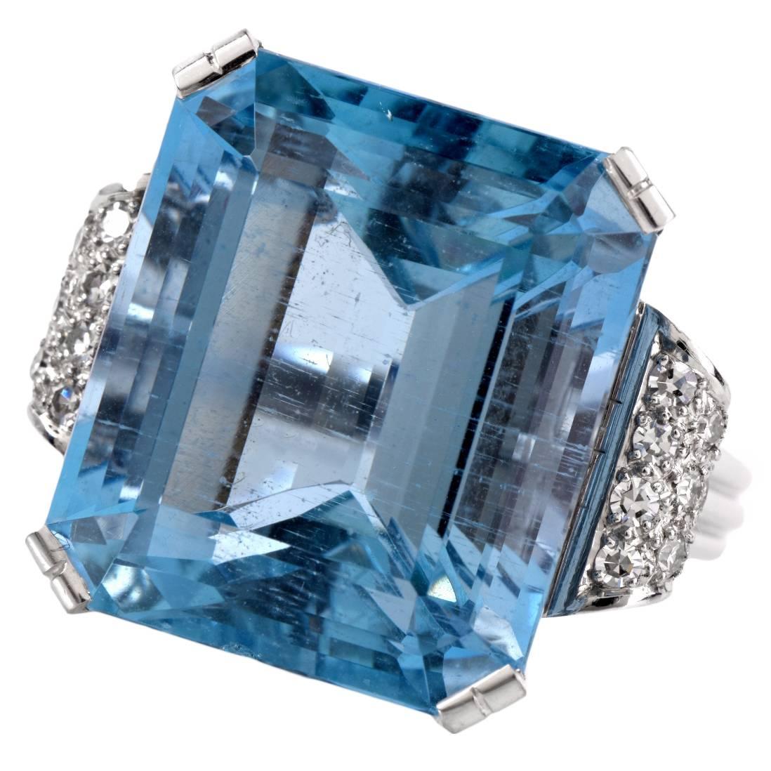 Retro Fine Aquamarine Diamond Platinum Ring