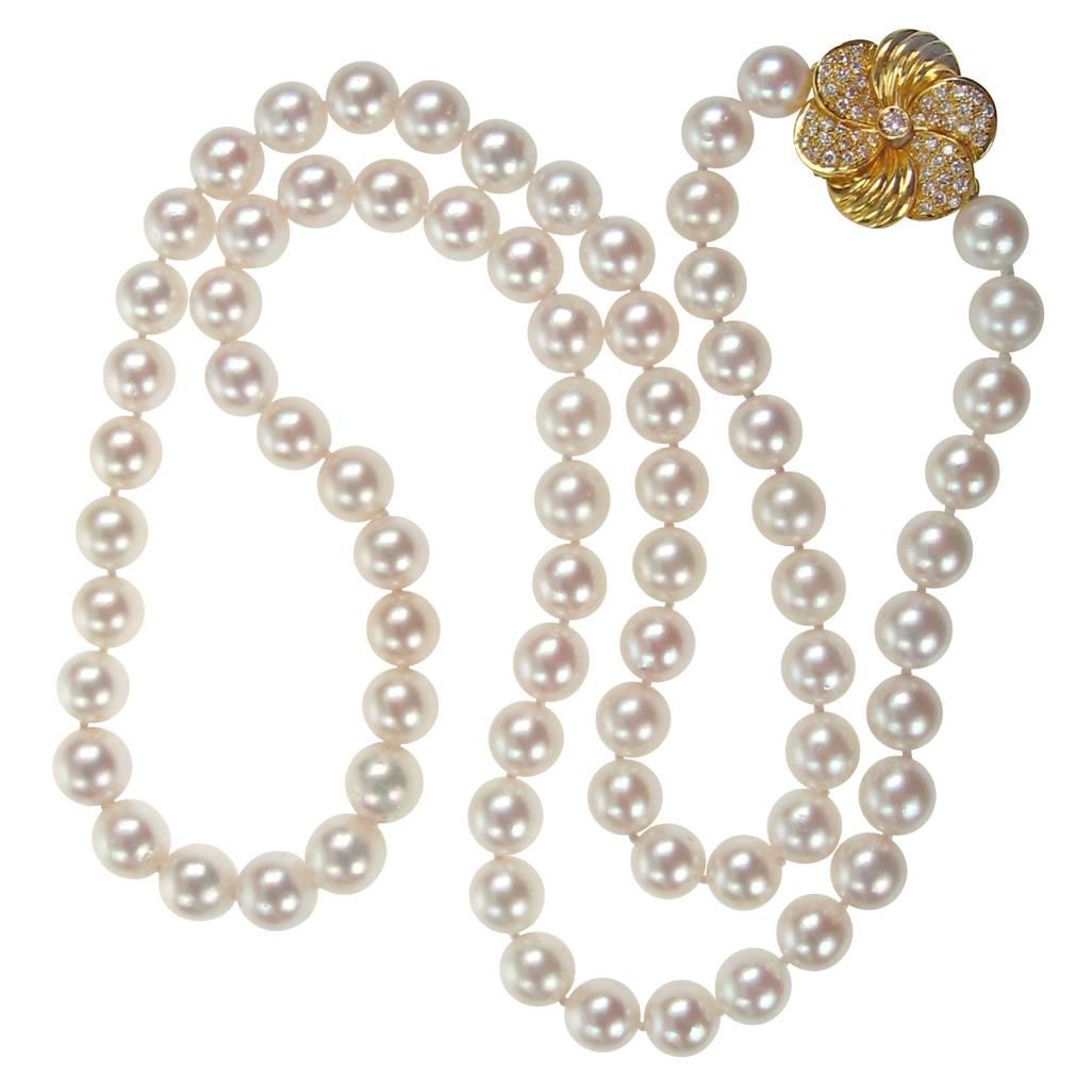 Pearl Strand with Diamond Gold Floral Clasp