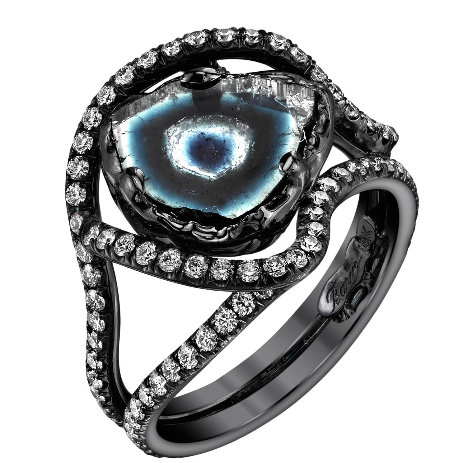 Black Rhodium Tourmaline Slice Diamond Ring For Sale