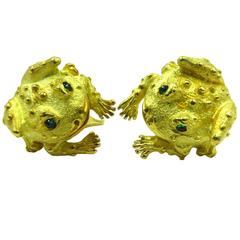 Vintage Albert Lipten Tsavorite Eyes Heavily Warted Frog Clip Earrings With Sweet Smiles