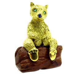 Exquisite Adorable Emerald Sapphire Gold Bear Pin with Tickleable Feet