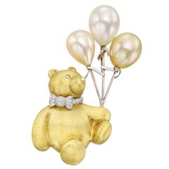 Gold Teddy Bear Brooch with Pearl Balloons
