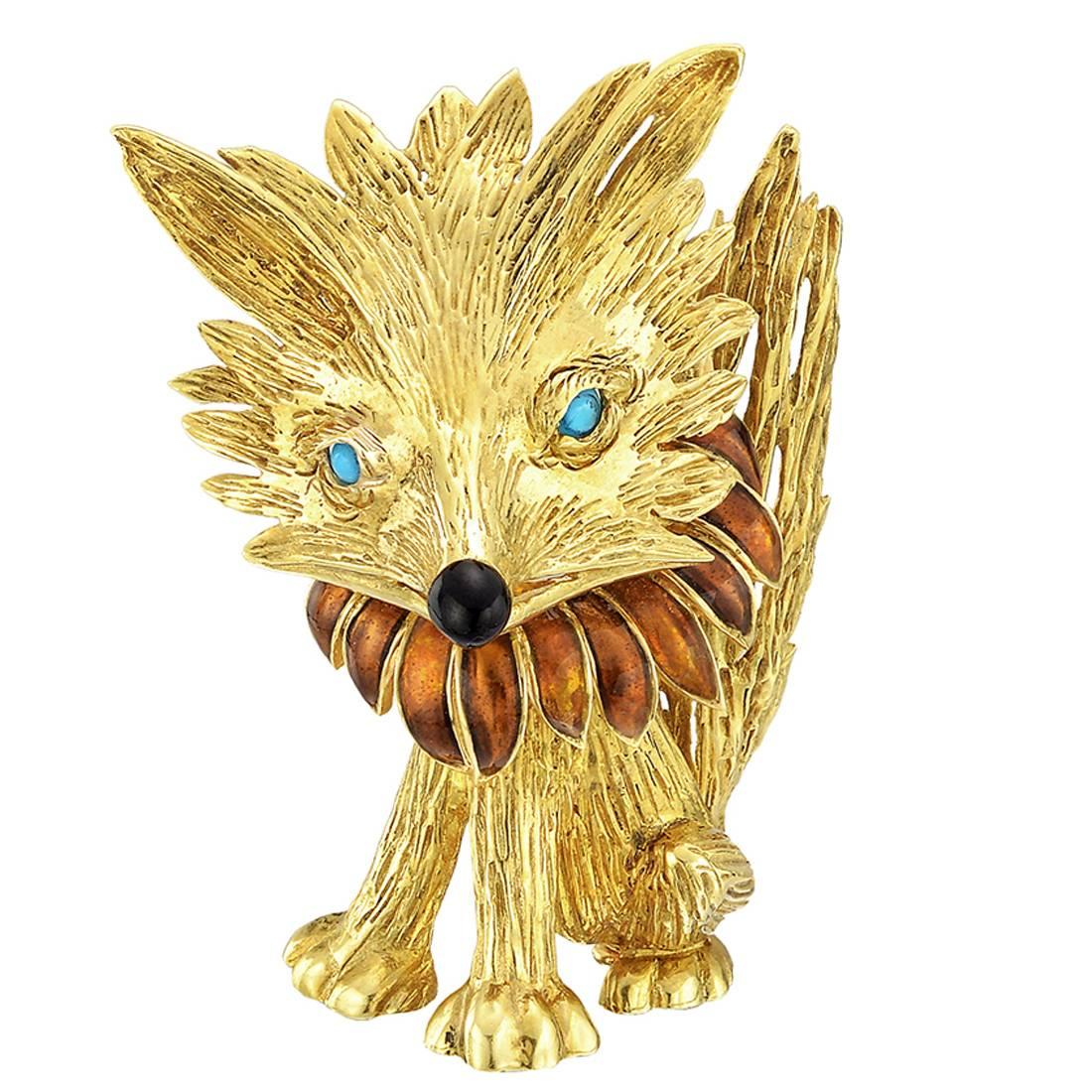 Fabergé Whimsical enamel gold Fox Brooch