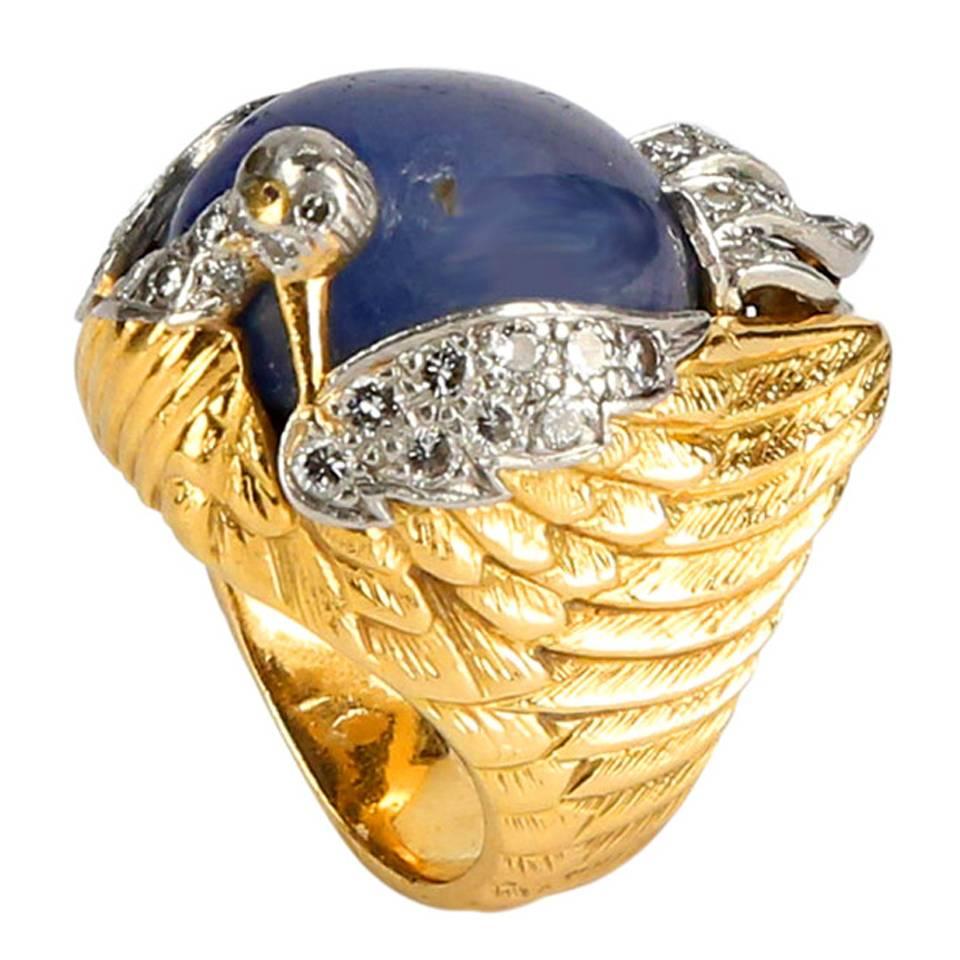 Bague fantaisie phénix en or, saphir et diamant, ancienne bijouterie d'art en vente