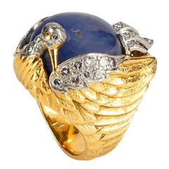 Retro Sapphire Diamond Gold Phoenix Statement Ring Estate Fine Jewelry