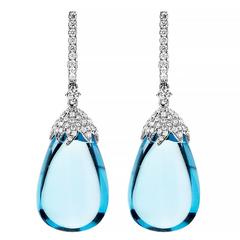 Magnificent Cabochon Blue Topaz and Diamond Earrings in White Gold