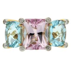 Colori Pink Tourmaline Blue Topaz Diamond Gold Ring