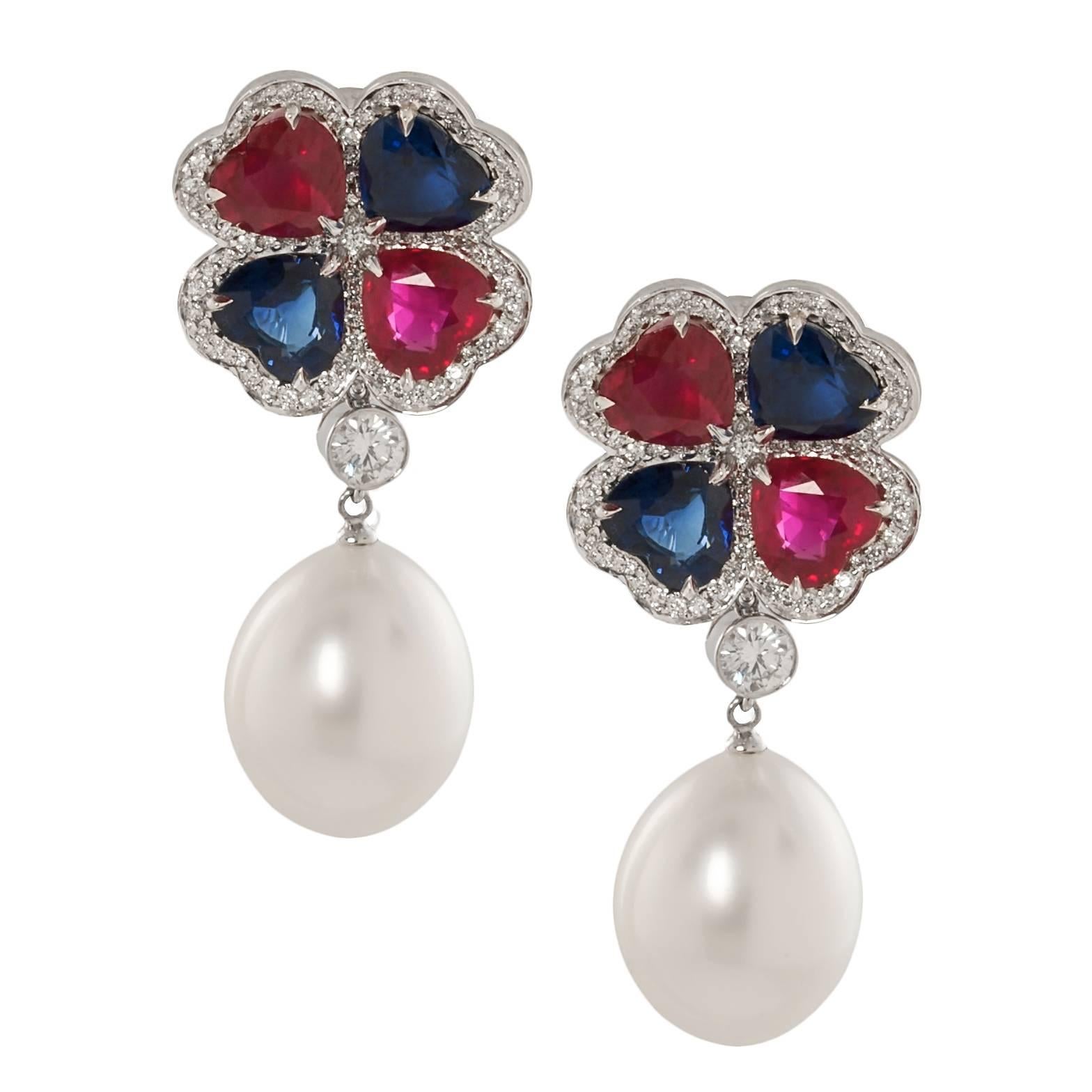 Ruby and Sapphire Earrings with Pearl For Sale
