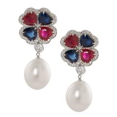 Ruby and Sapphire Earrings with Pearl