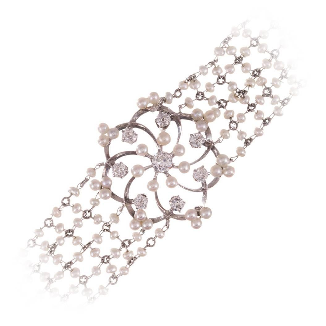 Art Deco Seed Pearl Diamond Mesh Bracelet