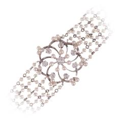 Vintage Art Deco Seed Pearl Diamond Mesh Bracelet