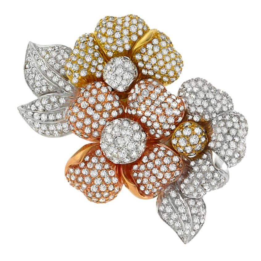 Stunning 15 Carat Diamond Tri Color Gold Floral Pin Brooch For Sale