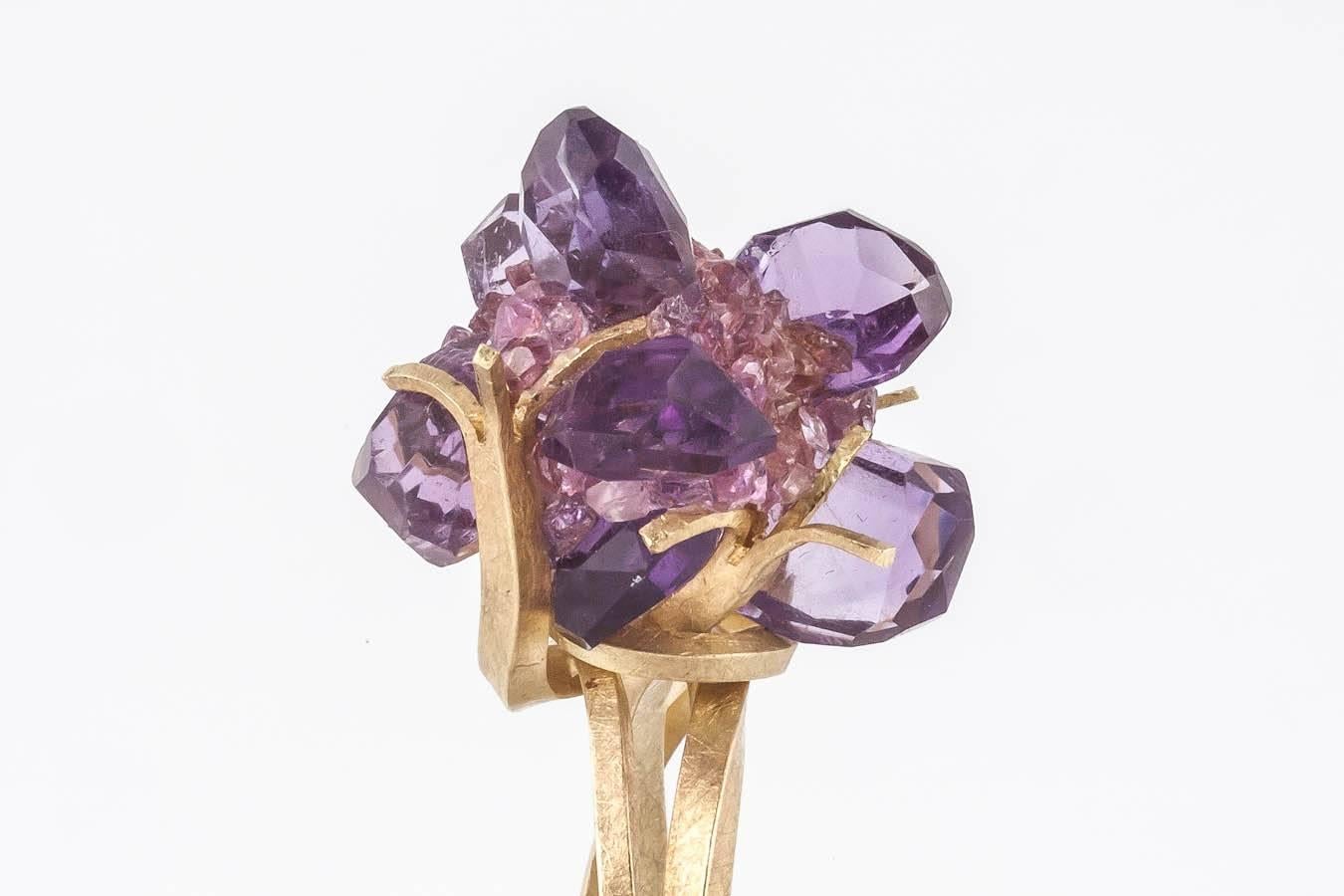 Donna Brennan Amethyst Crushed Pink Tourmaline Gold Ring For Sale 1