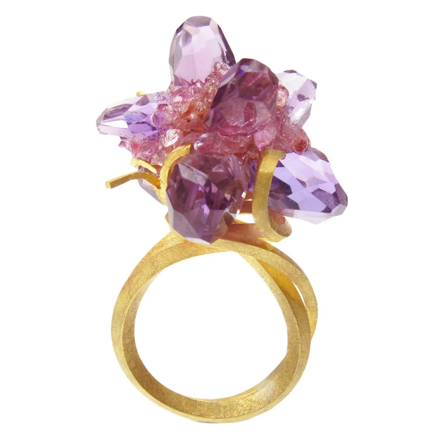 Donna Brennan Amethyst Crushed Pink Tourmaline Gold Ring For Sale