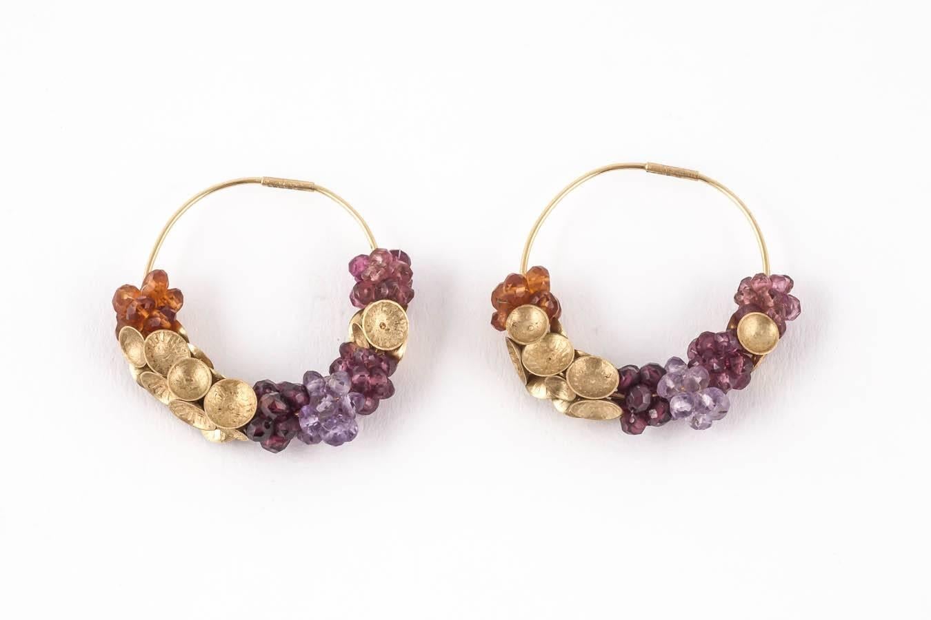 Donna Brennan Garnet Pink Tourmaline Citrine Amethyst Gold Earrings In New Condition In London, GB