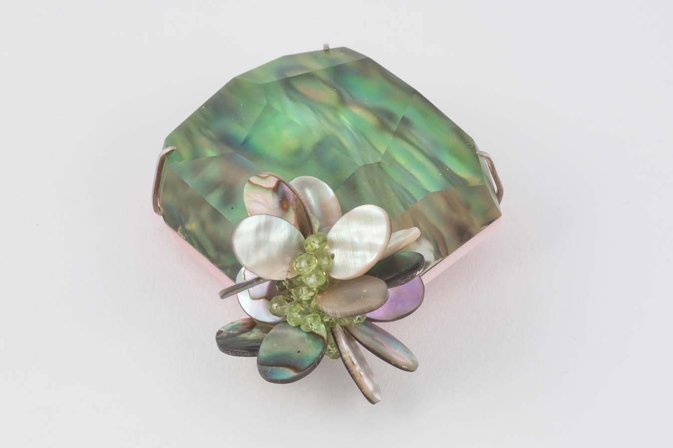 Contemporary Donna Brennan Paura Shell and Lucite Brooch with Peridot Clusters For Sale