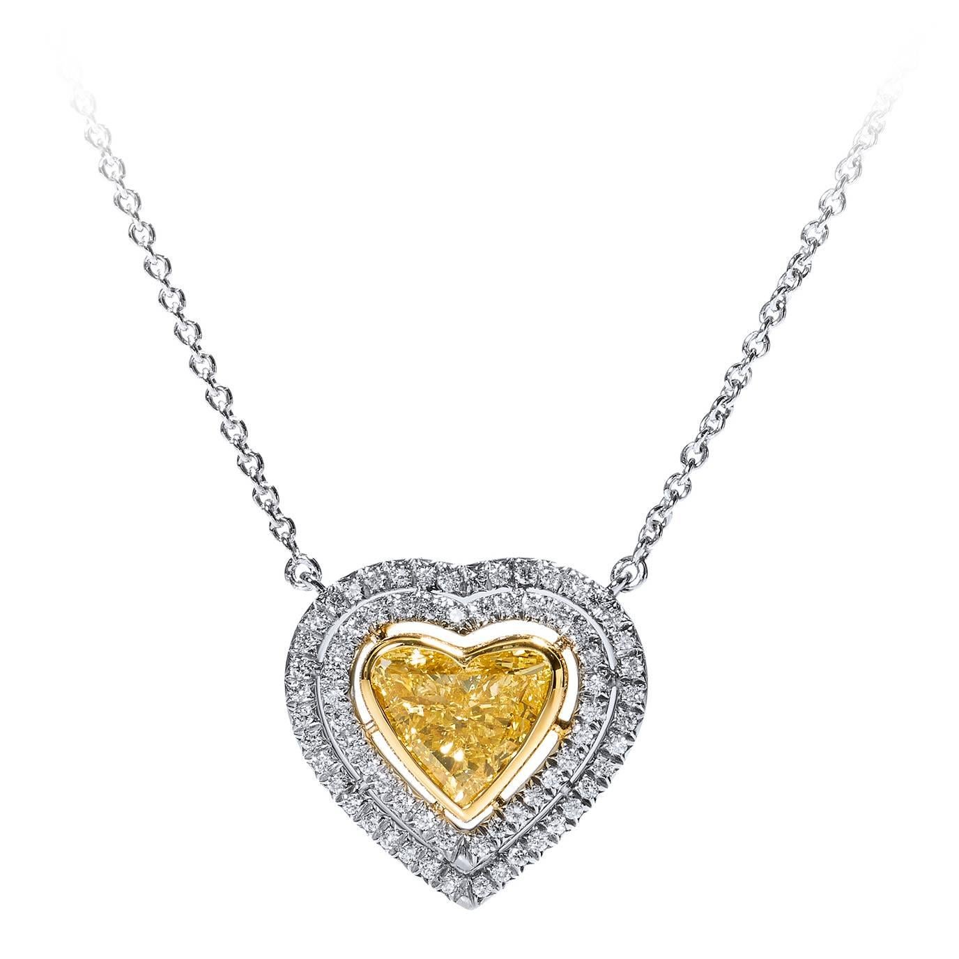 HH 1.79 Carat Natural Fancy Yellow Heart Shaped Diamond 18 Kt White Gold Pendant
