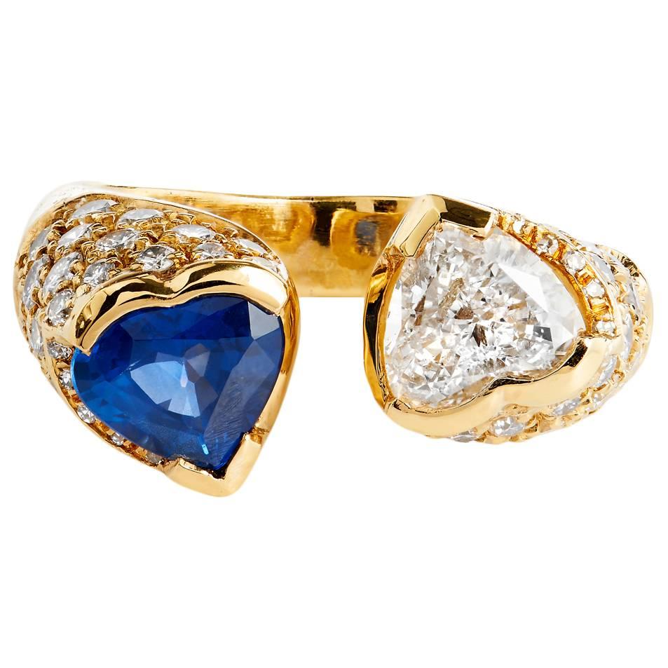 Moi et Toi 1.14 ct Blue Sapphire & .78 ct Heart Shaped Diamond 18 kt Gold Ring