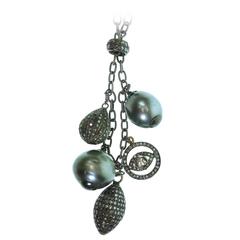 Large Black Tahitian Pearl and Diamond Long Black Chain Necklace