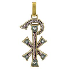 Antique Petite Micro Mosaic Gold Chi-Rho in Gold and Micro Mosiac