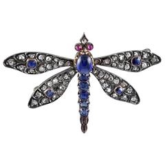 Antique Sapphire Diamond Silver Gold Dragonfly Brooch